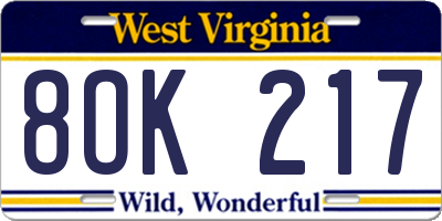 WV license plate 8OK217