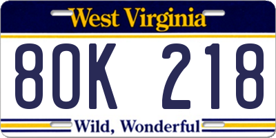 WV license plate 8OK218
