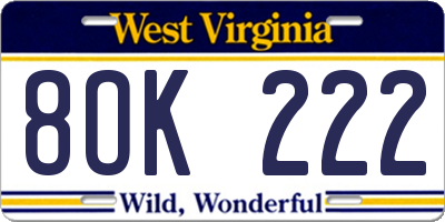 WV license plate 8OK222