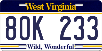 WV license plate 8OK233