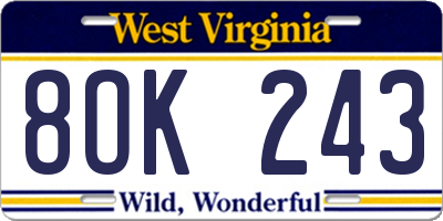 WV license plate 8OK243
