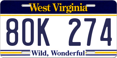 WV license plate 8OK274