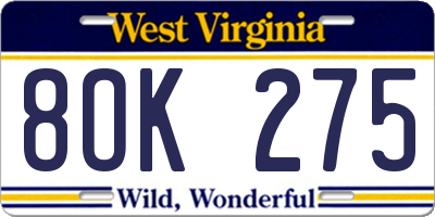 WV license plate 8OK275