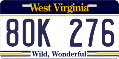 WV license plate 8OK276