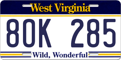 WV license plate 8OK285