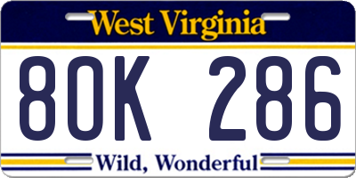 WV license plate 8OK286