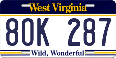 WV license plate 8OK287