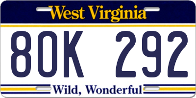 WV license plate 8OK292