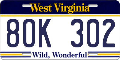 WV license plate 8OK302
