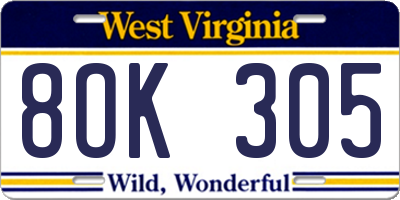 WV license plate 8OK305