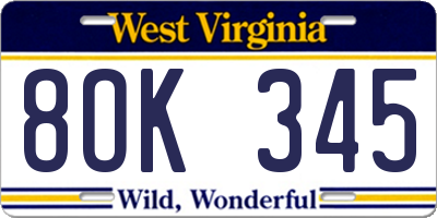 WV license plate 8OK345