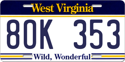 WV license plate 8OK353