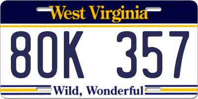 WV license plate 8OK357