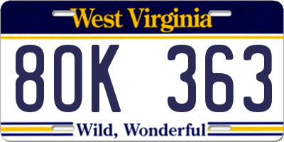 WV license plate 8OK363