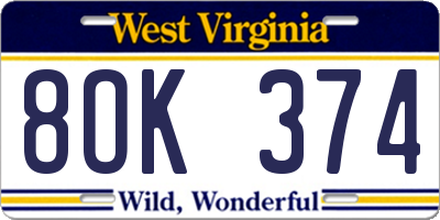 WV license plate 8OK374