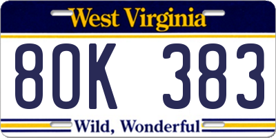 WV license plate 8OK383