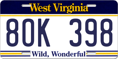 WV license plate 8OK398