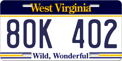 WV license plate 8OK402