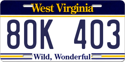 WV license plate 8OK403