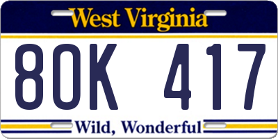 WV license plate 8OK417