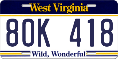 WV license plate 8OK418