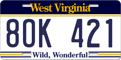 WV license plate 8OK421