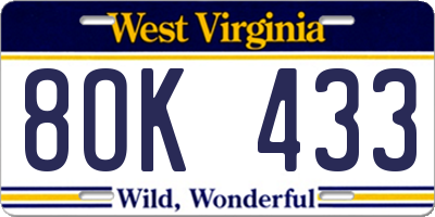 WV license plate 8OK433