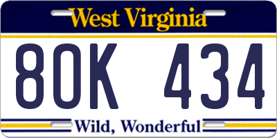 WV license plate 8OK434