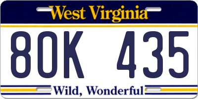 WV license plate 8OK435