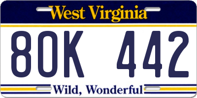 WV license plate 8OK442