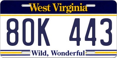 WV license plate 8OK443