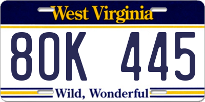 WV license plate 8OK445