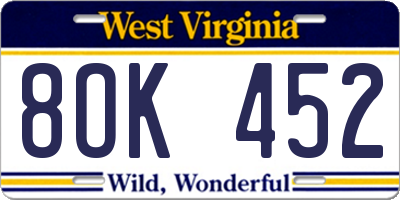 WV license plate 8OK452