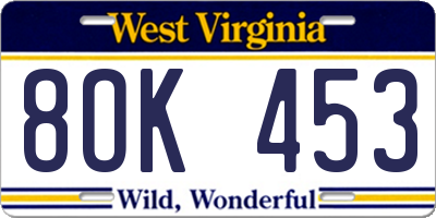 WV license plate 8OK453