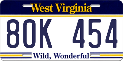 WV license plate 8OK454