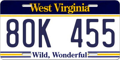 WV license plate 8OK455