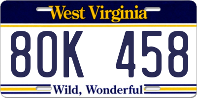 WV license plate 8OK458