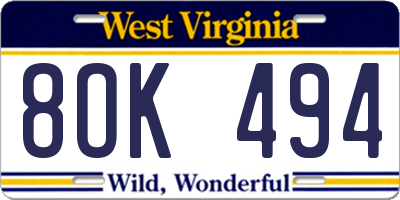 WV license plate 8OK494