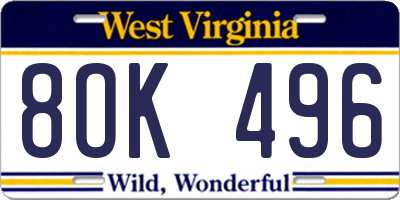 WV license plate 8OK496