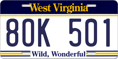 WV license plate 8OK501
