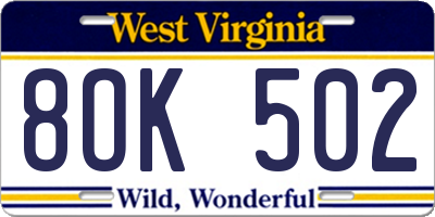 WV license plate 8OK502