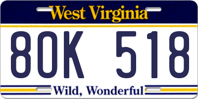 WV license plate 8OK518