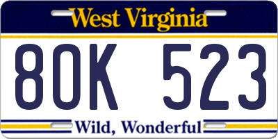 WV license plate 8OK523