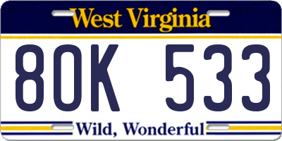WV license plate 8OK533