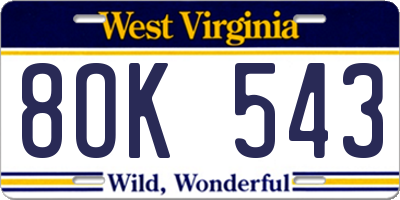 WV license plate 8OK543