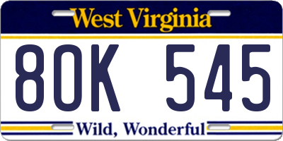 WV license plate 8OK545