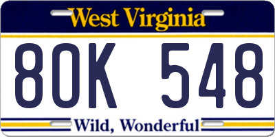 WV license plate 8OK548