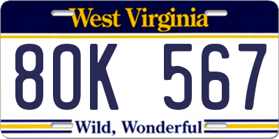 WV license plate 8OK567