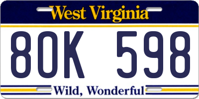 WV license plate 8OK598