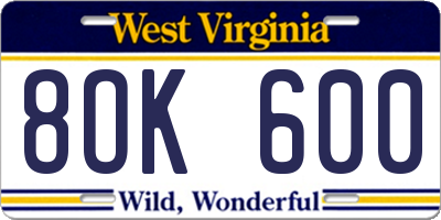 WV license plate 8OK600